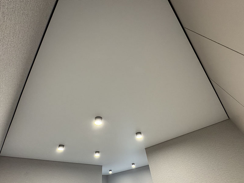 Белый матовый теневой потолок с накладными цилиндрическими светильниками.