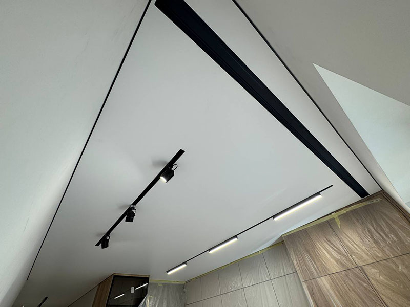 Проект: белый натяжной потолок со встроенным черным треком и спотами в интерьере, Гродно