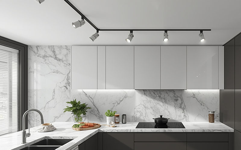 Накладная черная трековая система с включенными белыми спотами на белом натяжном потолке на кухне. Гродно. Мраморный фартук.