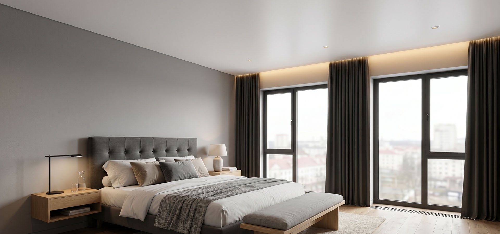 Белый матовый натяжной потолок со скрытым карнизом в интерьере спальни – Гродно.