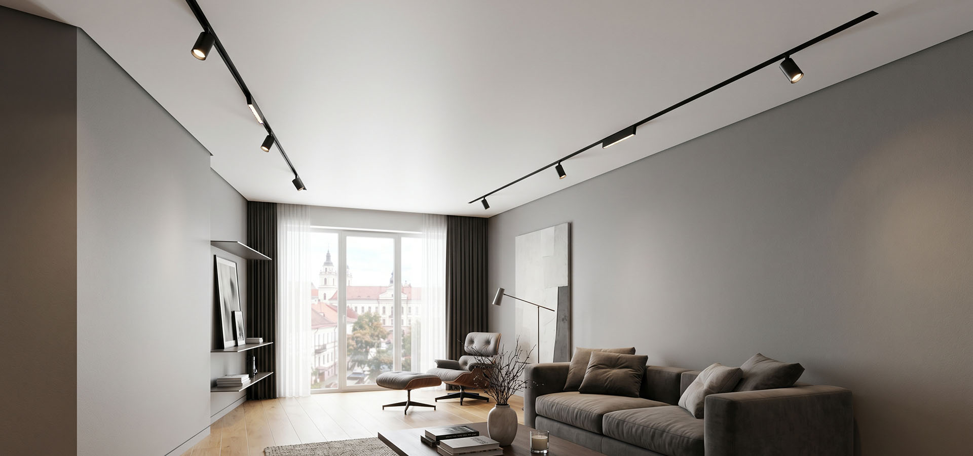 Современный матовый натяжной потолок с черными трековыми светильниками в Гродно.